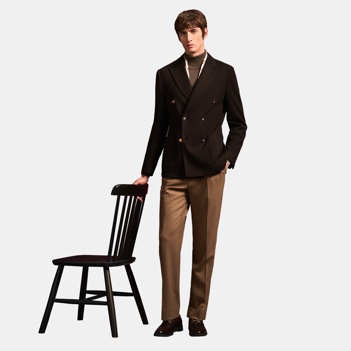 Dark Brown Polyester‑Wool‑Polyamide Fused Double‑Breasted Blazer