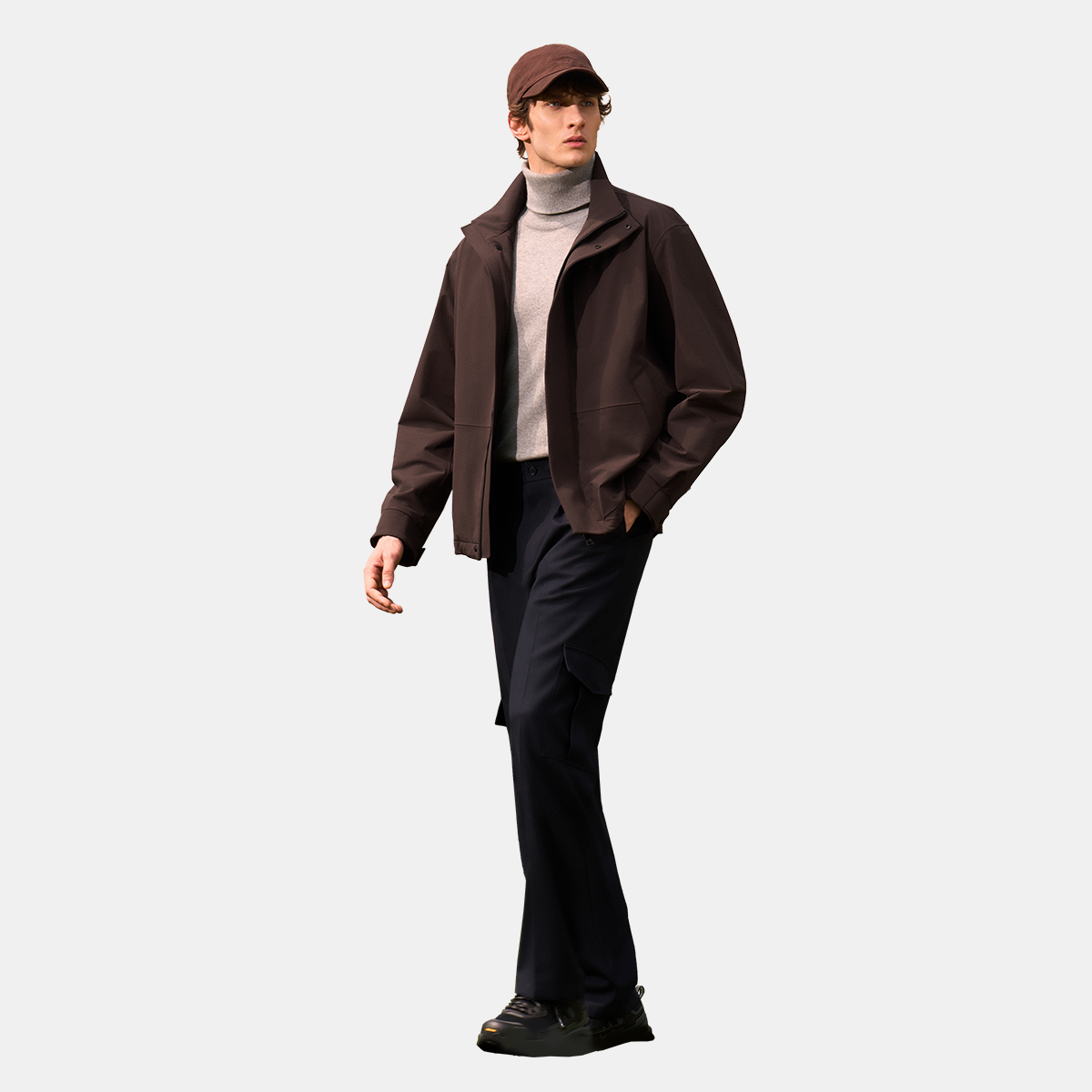 Dark Brown Hidden‑Placket Stand Collar Trench Coat
