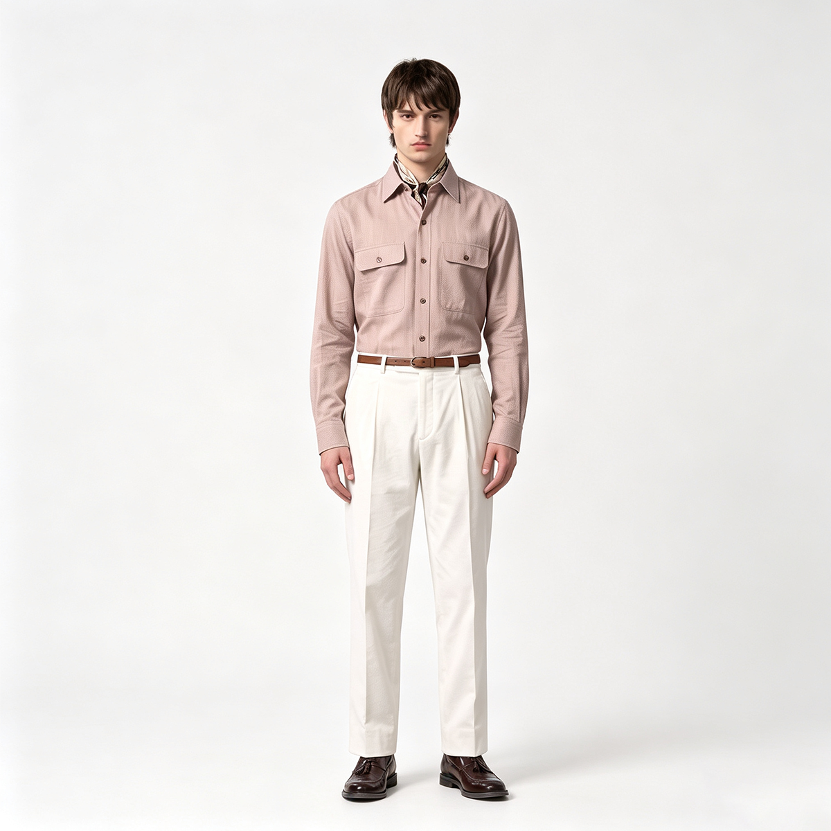 Light Brown Cotton 6‑Button Spread Collar Shirt