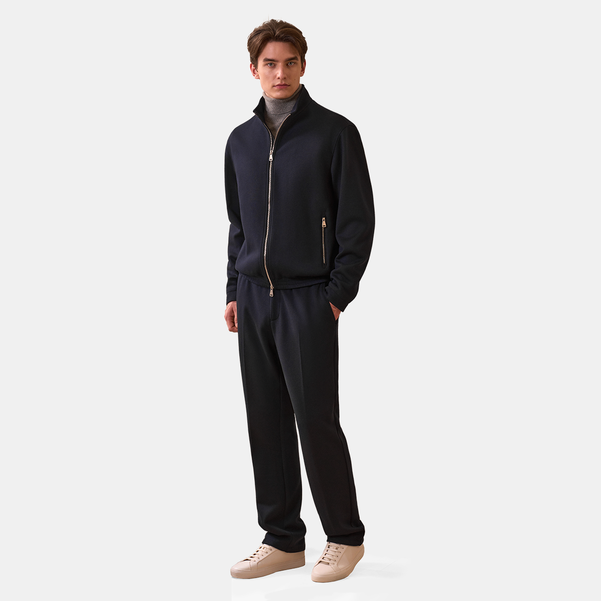 Navy Stand‑Collar with Exposed‑Teeth Center Zip Two-Piece Suit