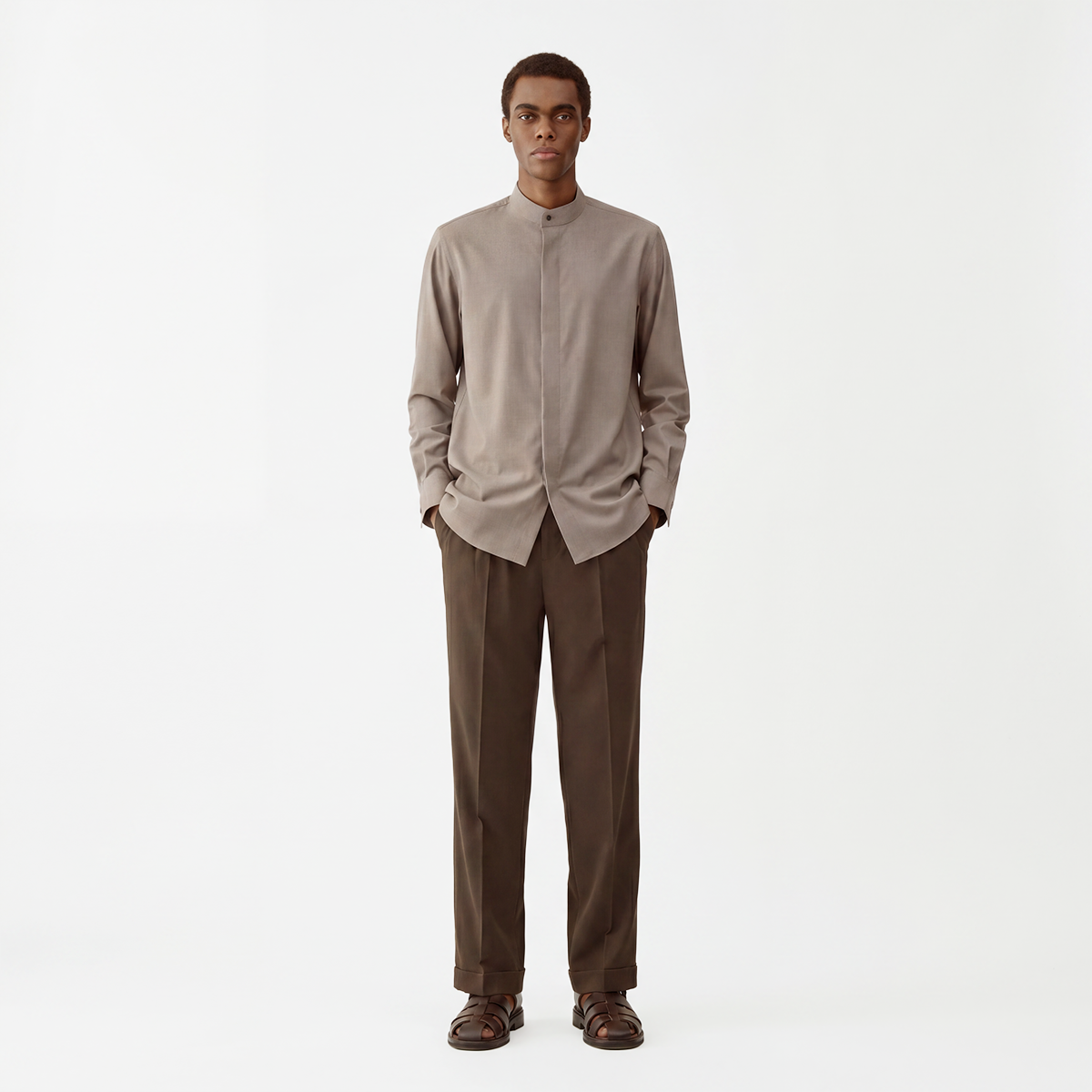 Brown Modal‑Polyester Stand‑Collar Men's Shirt