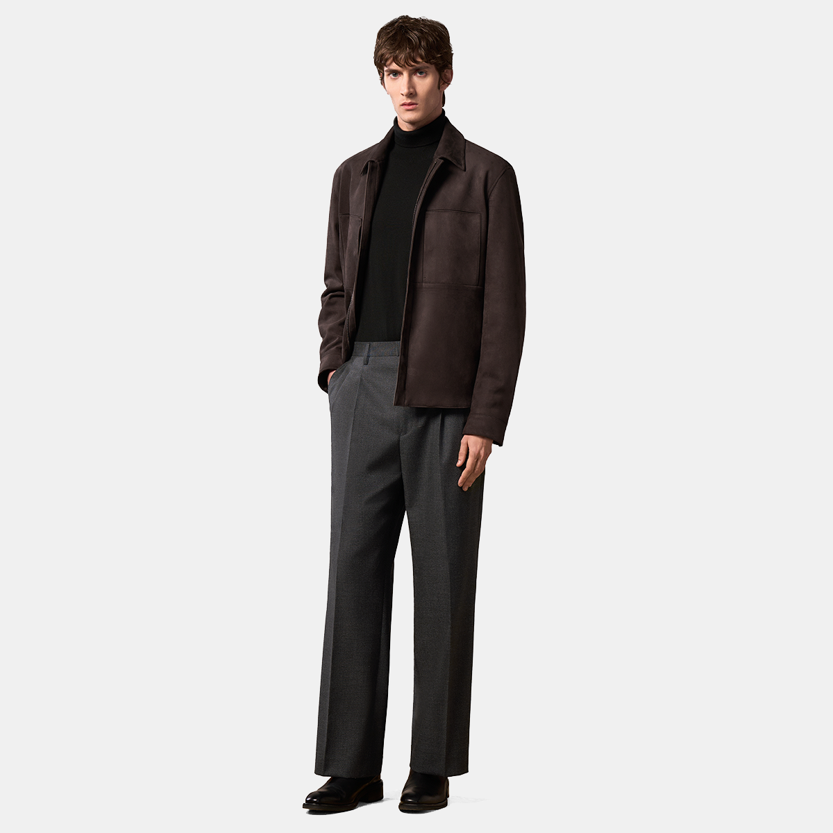 Dark Brown Polyester‑Elastane Hidden‑Zip Placket Jacket
