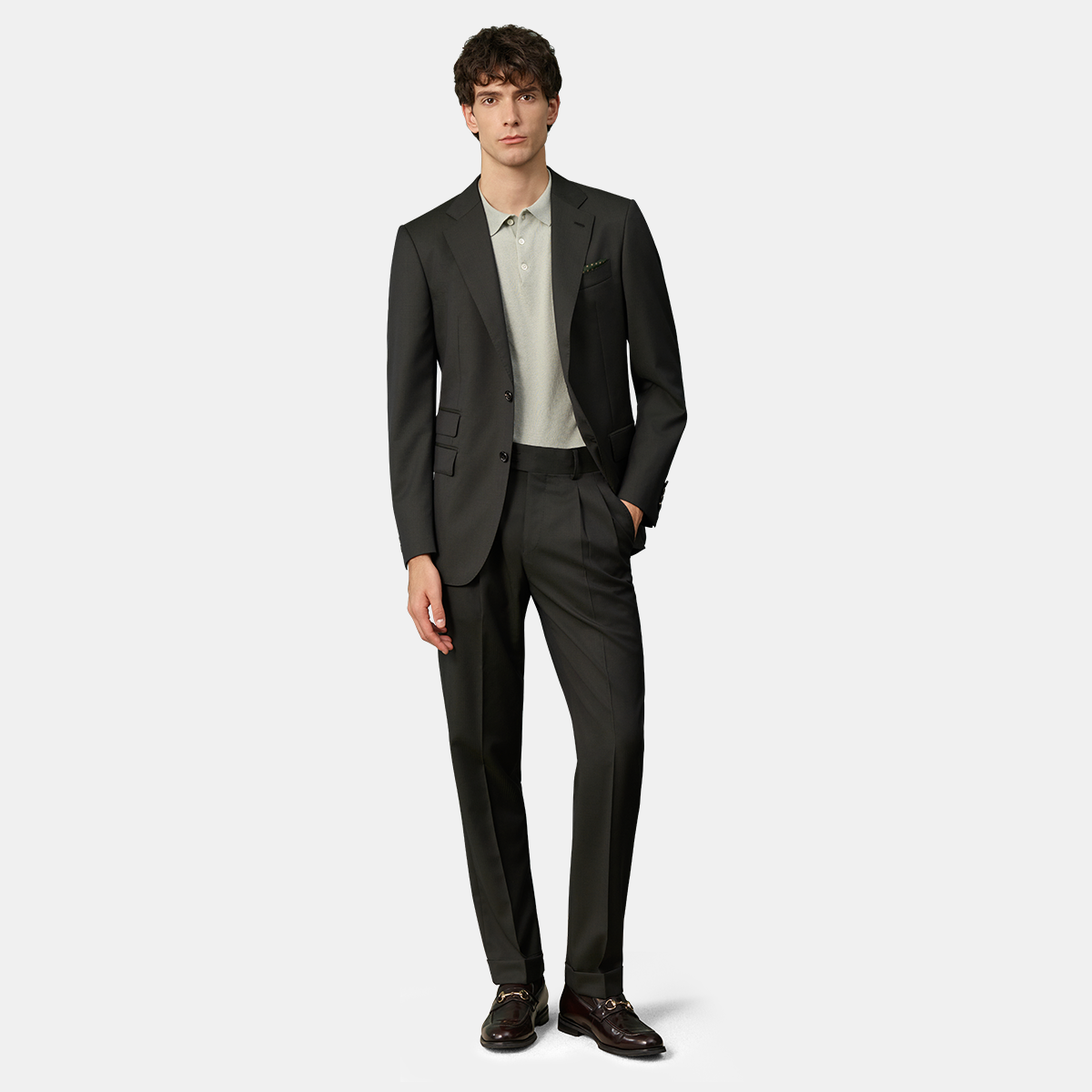 Green Fine‑Herringbone Pure‑Wool Half‑Canvas Two‑Piece Suit