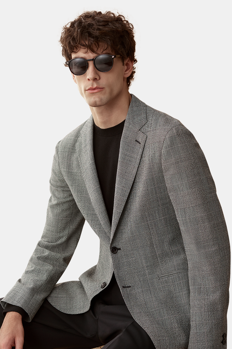 Grey Stretch Wool‑Blend Fused Blazer