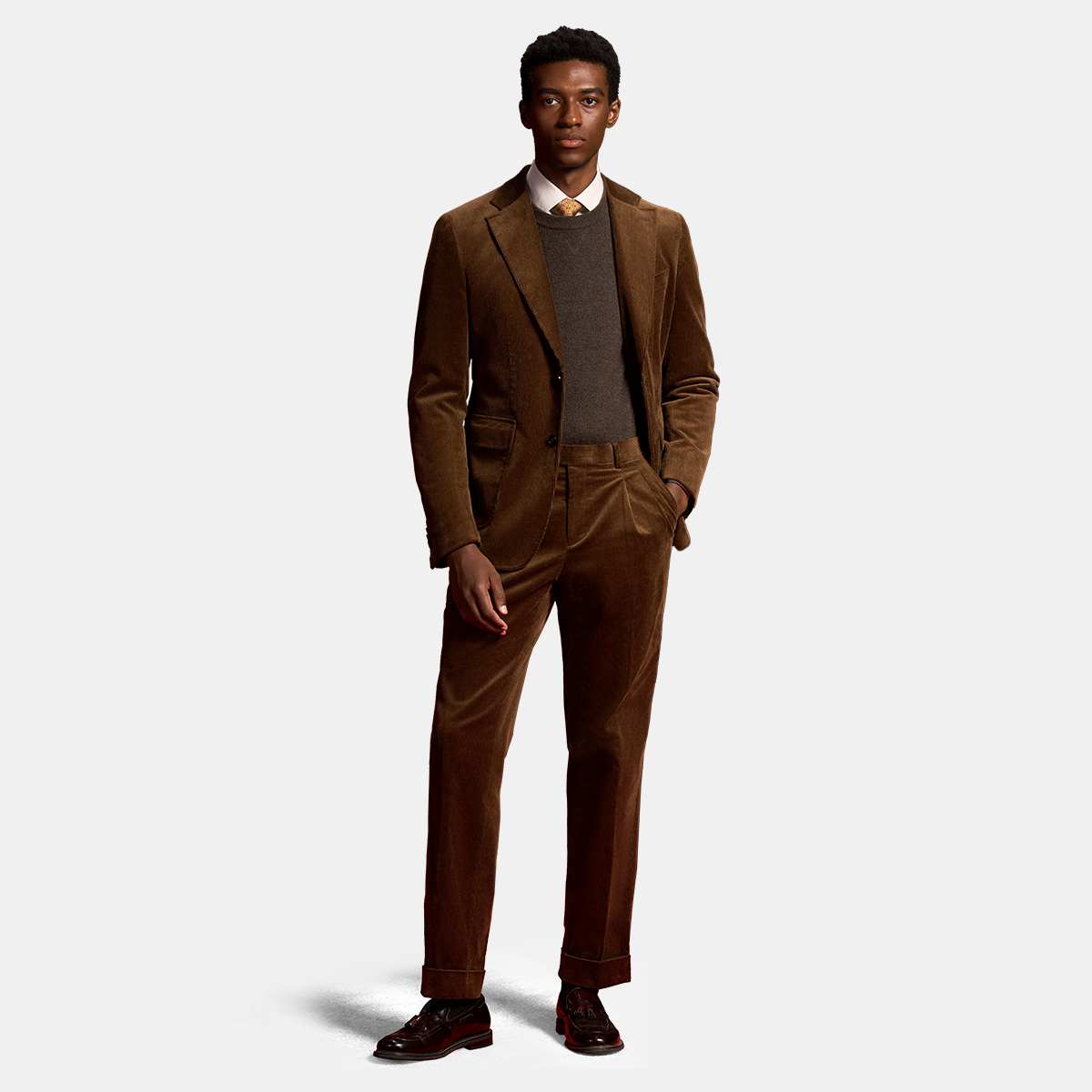 Tan Cotton‑Elastane Fused Single‑Breasted Two‑Piece Suit