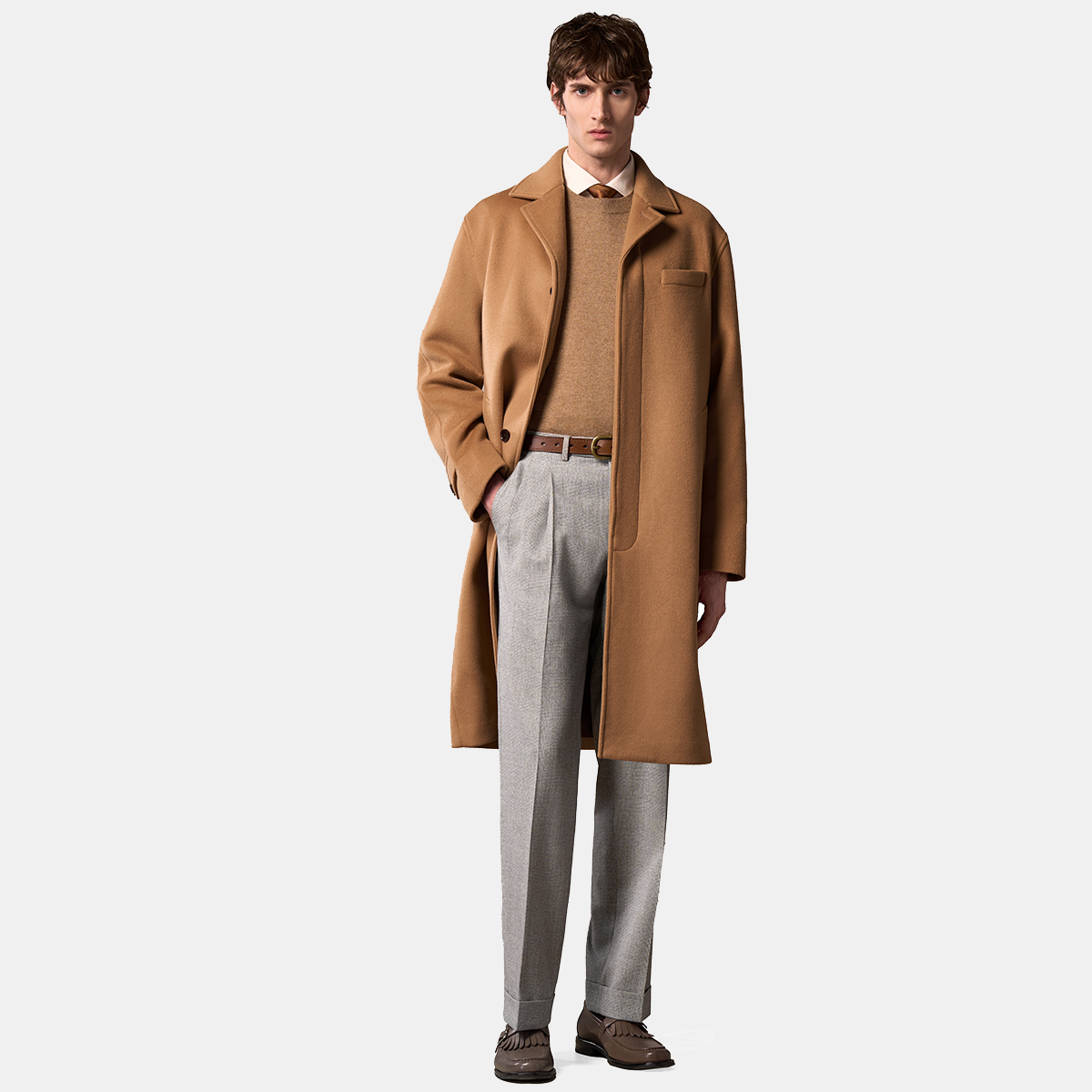Brown Wool Fused 4‑Button Hidden‑Placket Single‑Breasted Overcoat