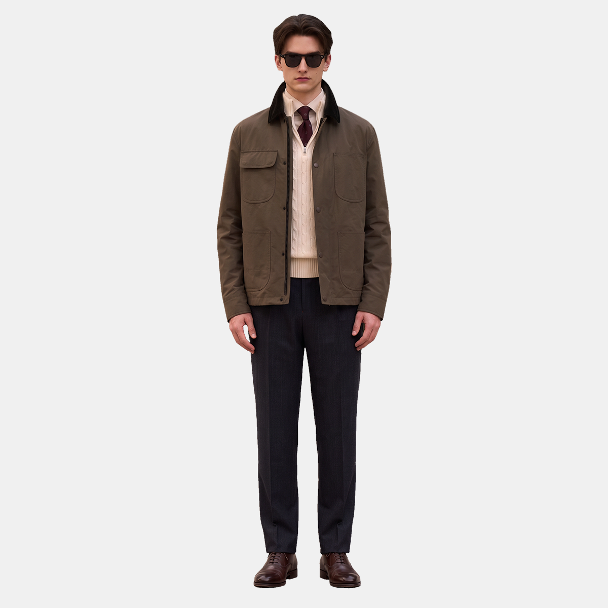 Brown Turn‑Down Collar with Center Zip Jacket
