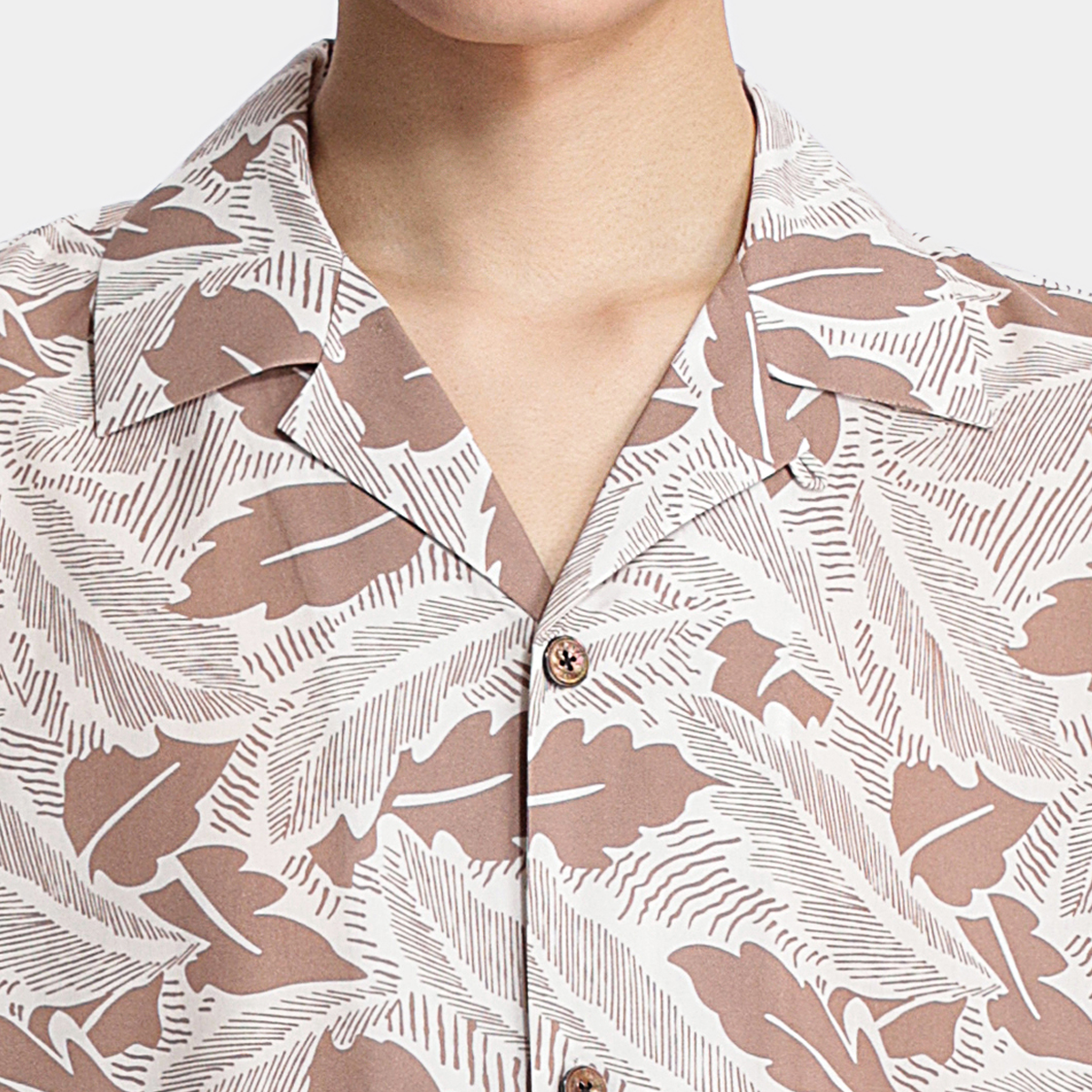 Brown Rayon‑Tencel Printed Cuban‑Collar Leisure Shirt