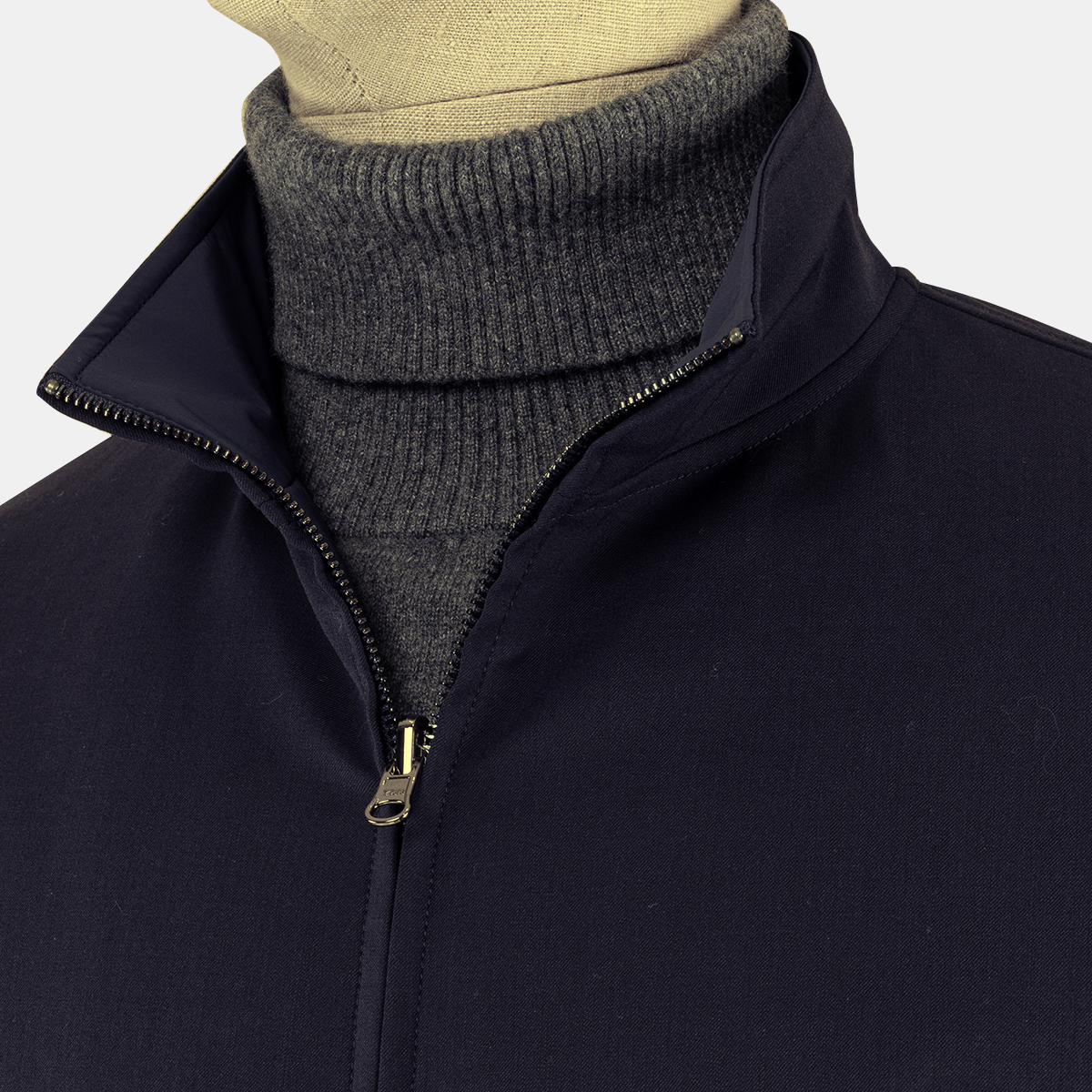 Navy Covered‑Zip Stand Collar Jacket