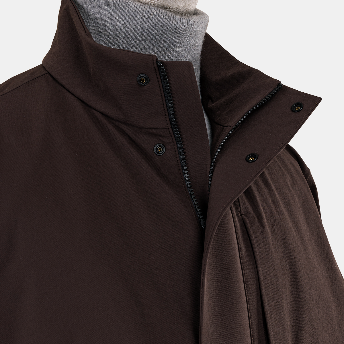 Dark Brown Hidden‑Placket Stand Collar Trench Coat