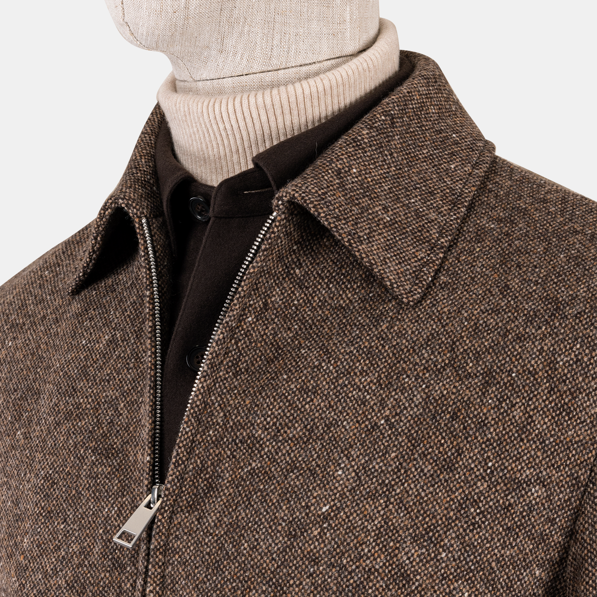Dark Brown Wool Zip‑Up Turn‑Down Collar Jacket