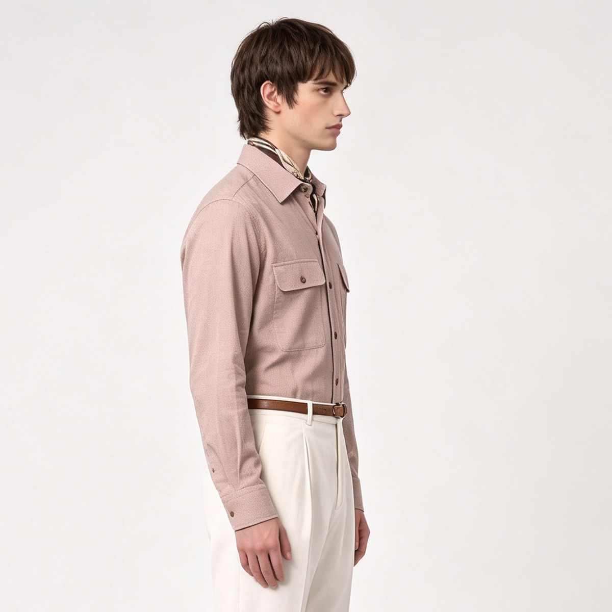 Light Brown Cotton 6‑Button Spread Collar Shirt