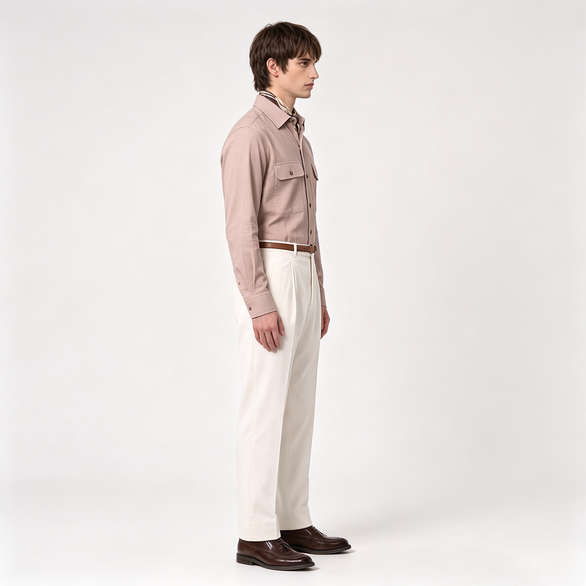 Light Brown Cotton 6‑Button Spread Collar Shirt