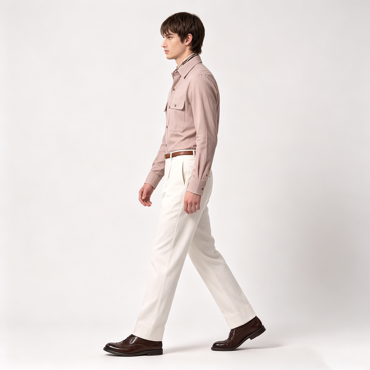 Light Brown Cotton 6‑Button Spread Collar Shirt