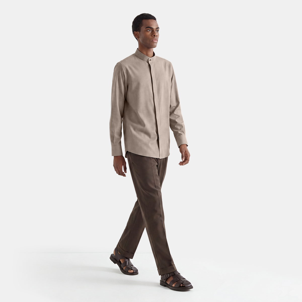 Brown Modal‑Polyester Stand‑Collar Men's Shirt