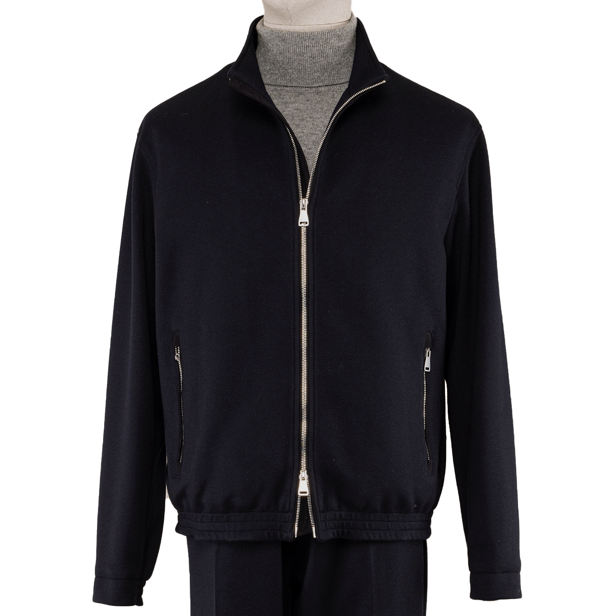 Navy Stand‑Collar with Exposed‑Teeth Center Zip Two-Piece Suit