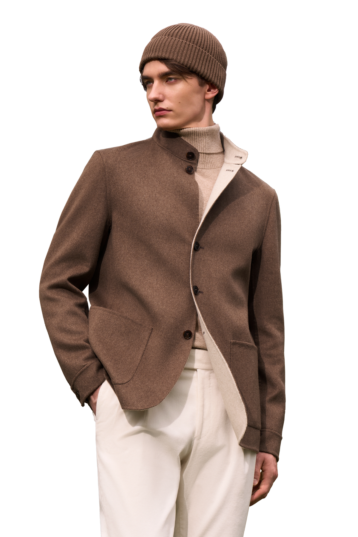 Brown Single‑Breasted Double‑Faced Wool‑Silk Stand Collar Jacket