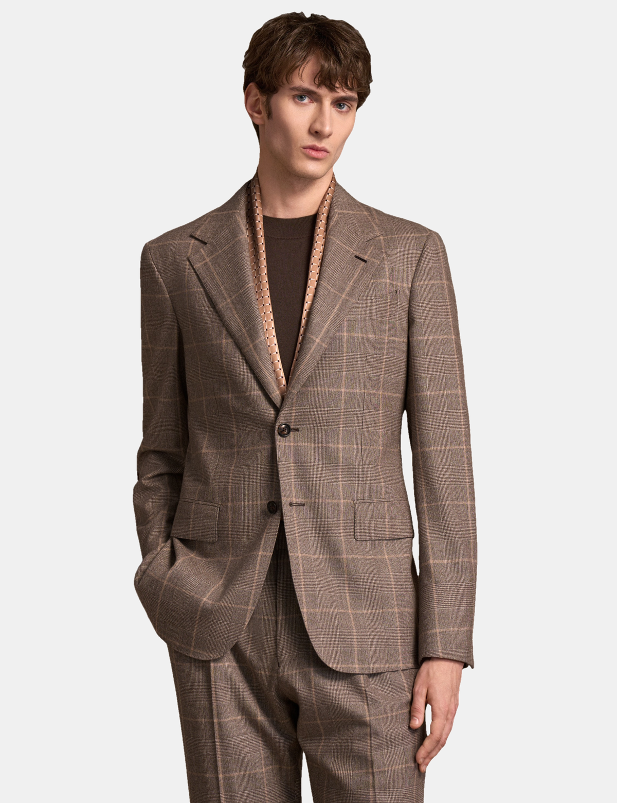Brown Checked Wool‑Cashmere‑Blend 2‑Button Two‑Piece Suit